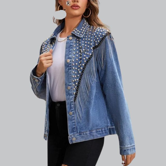 Chic Denim Fringe Jacket with Studs | Great for Autumn Days