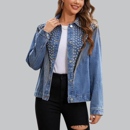 Chic Denim Fringe Jacket with Studs | Great for Autumn Days