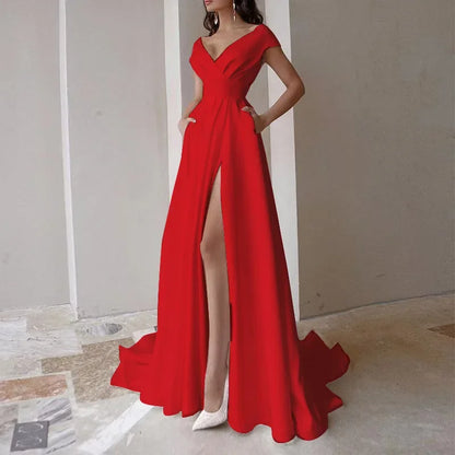 V-neck Ruffled Elegant Party Dresses 2025 Long Evening Dress High Waist Slit Sleeveless Sexy Irregular Formal Dresses for Women