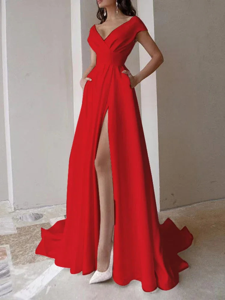 V-neck Ruffled Elegant Party Dresses 2025 Long Evening Dress High Waist Slit Sleeveless Sexy Irregular Formal Dresses for Women