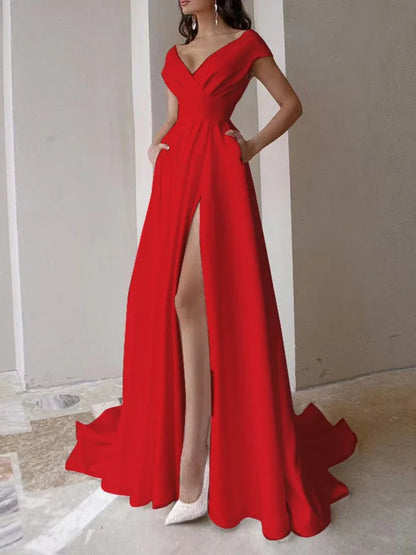 V-neck Ruffled Elegant Party Dresses 2025 Long Evening Dress High Waist Slit Sleeveless Sexy Irregular Formal Dresses for Women