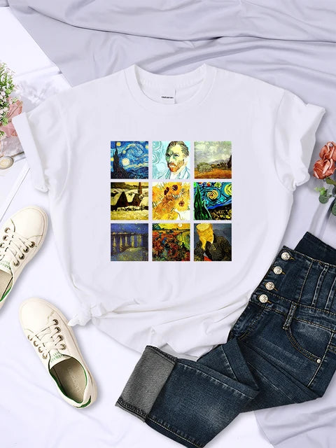 Van Gogh Works Sanskrit Printed Female Tops Breathable Casual T Shirts Fashion Summer Short Sleeve Women Crewneck Street Tshirt