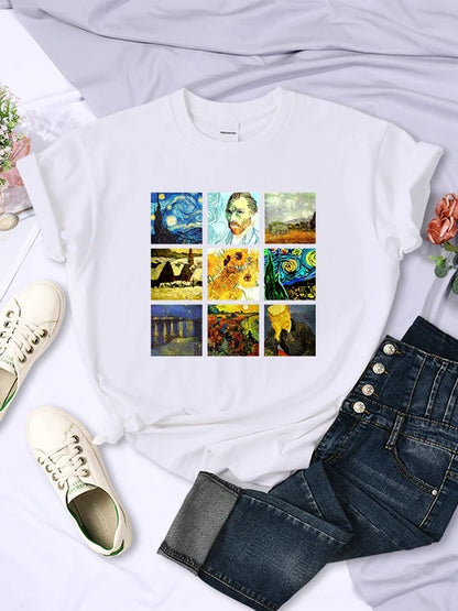 Van Gogh Works Sanskrit Printed Female Tops Breathable Casual T Shirts Fashion Summer Short Sleeve Women Crewneck Street Tshirt
