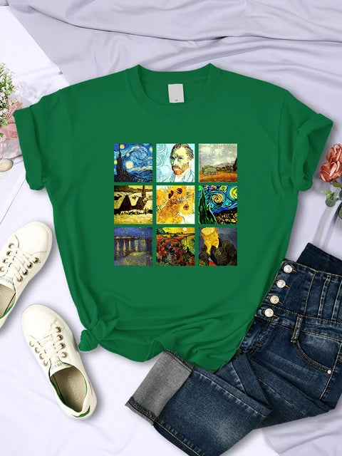 Van Gogh Works Sanskrit Printed Female Tops Breathable Casual T Shirts Fashion Summer Short Sleeve Women Crewneck Street Tshirt