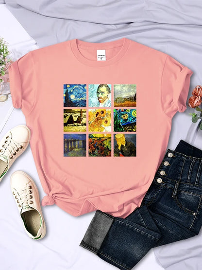Van Gogh Works Sanskrit Printed Female Tops Breathable Casual T Shirts Fashion Summer Short Sleeve Women Crewneck Street Tshirt
