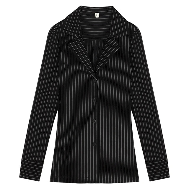 Blusas vintage de rayas negras, camisas ajustadas de manga larga para mujer, moda coreana, camisa elegante estética para oficina.