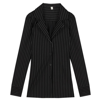 Blusas vintage de rayas negras, camisas ajustadas de manga larga para mujer, moda coreana, camisa elegante estética para oficina.