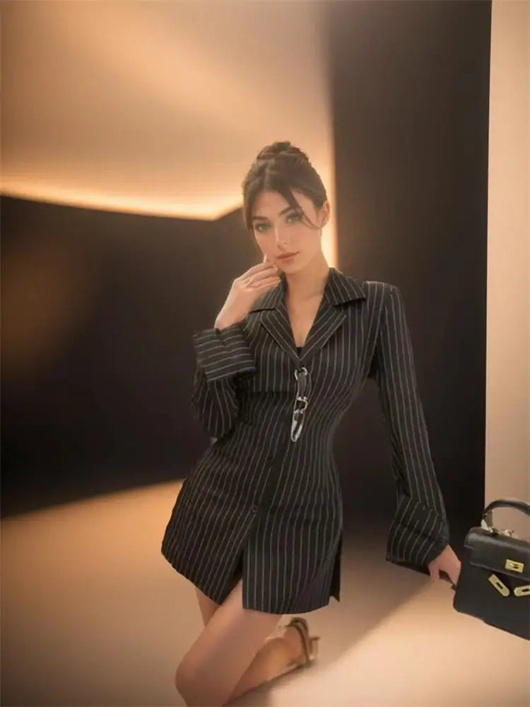 Blusas vintage de rayas negras, camisas ajustadas de manga larga para mujer, moda coreana, camisa elegante estética para oficina.