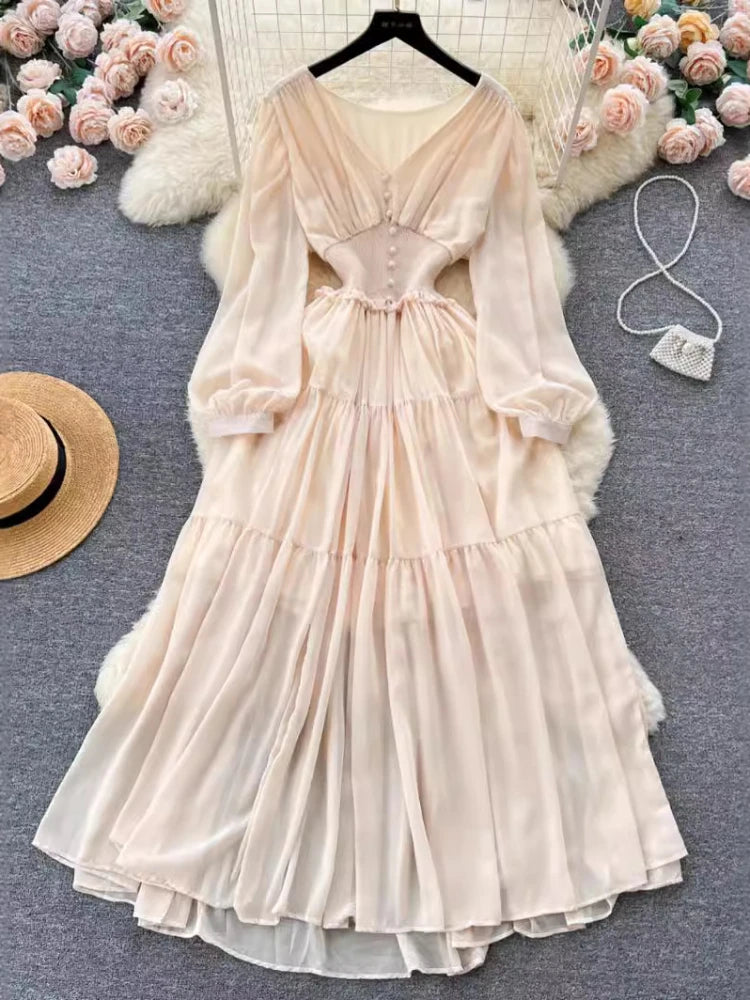 Vestido largo de gasa vintage para mujer, elegante, con escote en V, manga larga, informal, plisado francés, ajustado, corte A, largo