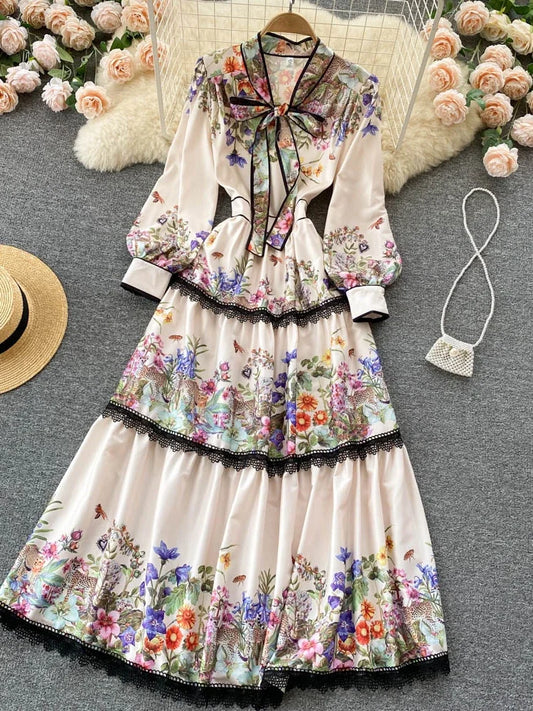 Vestido largo elegante vintage para mujer, vestido de fiesta ajustado con estampado floral, lazo, cintura elástica, farol, manga larga, vestido largo