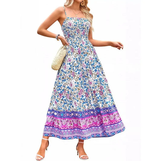 Vestidos vintage con estampado de flores y tirantes finos para mujer, moda bohemia, vestido largo para vacaciones en la playa, vestidos nuevos de verano para mujer