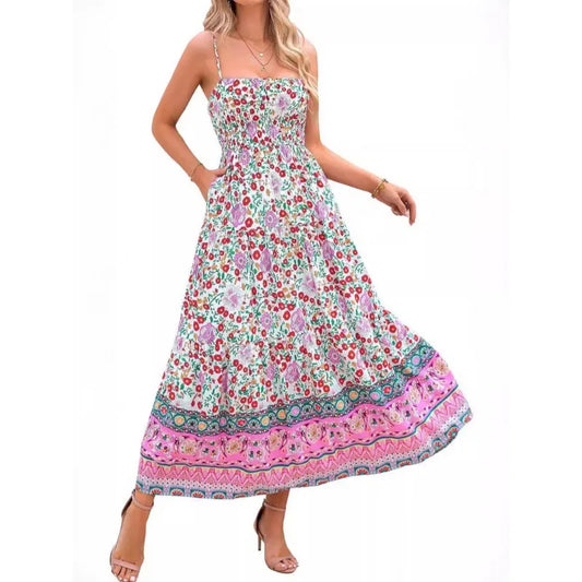 Vestidos vintage con estampado de flores y tirantes finos para mujer, moda bohemia, vestido largo para vacaciones en la playa, vestidos nuevos de verano para mujer