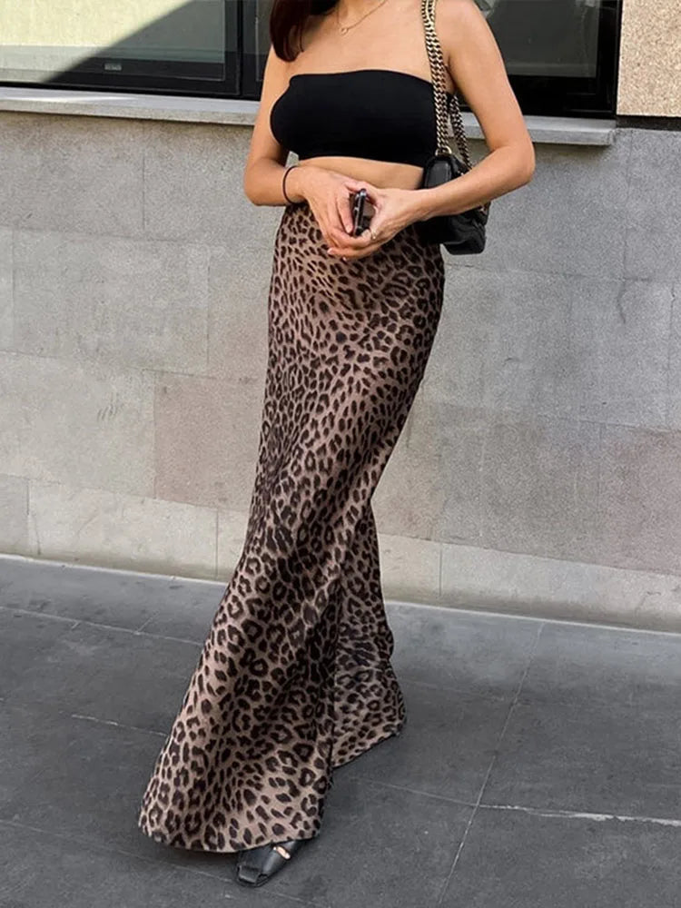 Faldas de trompeta con estampado de leopardo vintage para mujer, estilo urbano chic, de cintura alta, largas, ajustadas y con cremallera para oficina, primavera de 2025