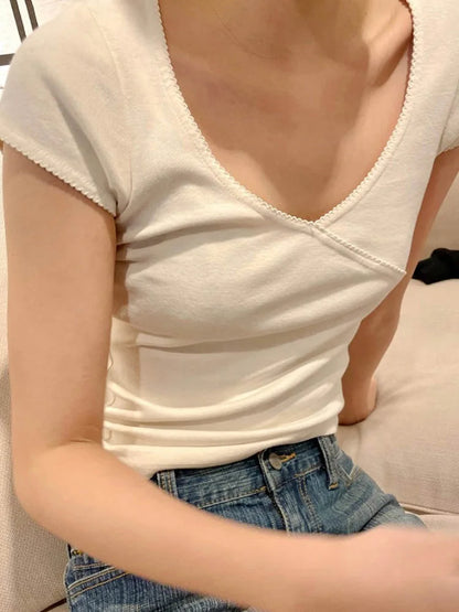 Camiseta vintage ajustada de verano con cuello en V, ropa de calle de algodón 2025, camisetas sencillas Y2k para mujer, ropa para mujer