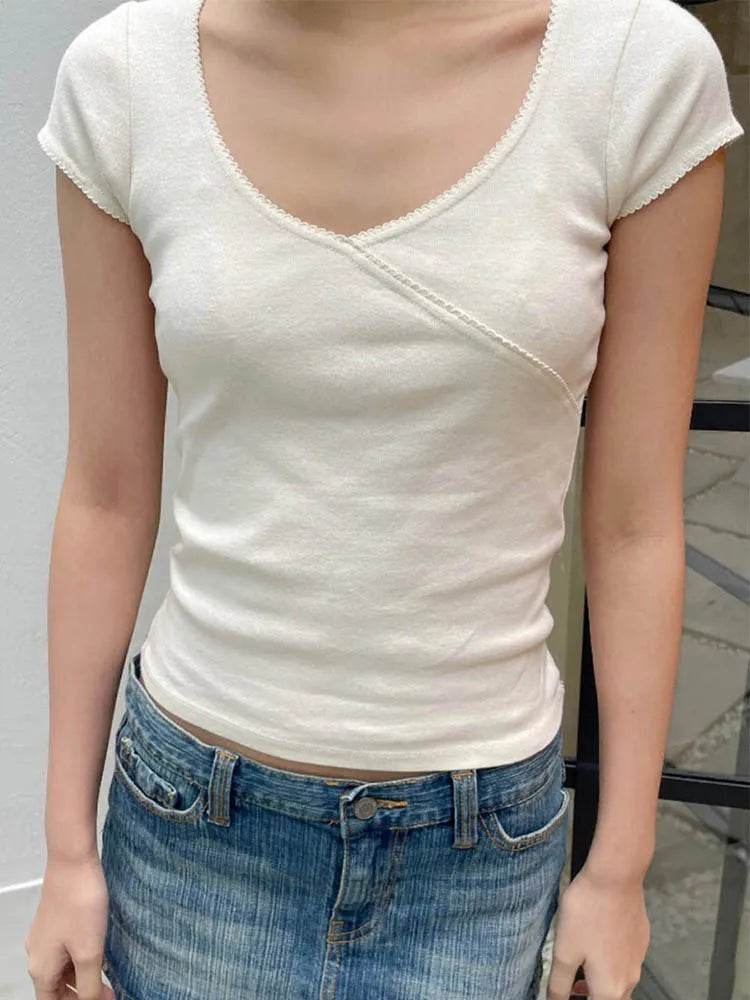 Camiseta vintage ajustada de verano con cuello en V, ropa de calle de algodón 2025, camisetas sencillas Y2k para mujer, ropa para mujer