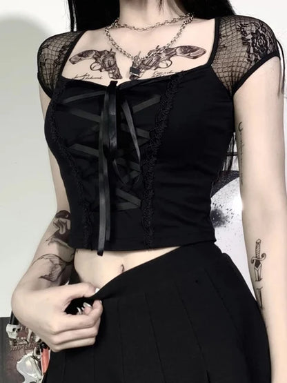 Camisetas góticas vintage para mujer, camisetas negras ajustadas con encaje, ropa de calle gótica, top sexy para mujer, camiseta informal de malla