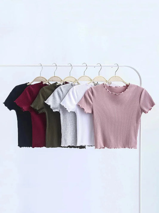 Vintage Wood ears O neck Short sleeve T-shirt 2025 New Woman Slim Fit t shirt tight tee Summer Retro Tops 6 colors
