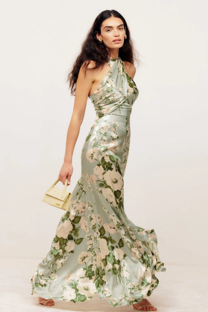 Vestido largo con cuello halter y estampado floral 