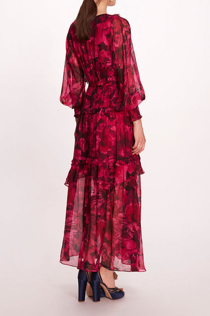 Vestido midi con mangas farol y volantes florales 