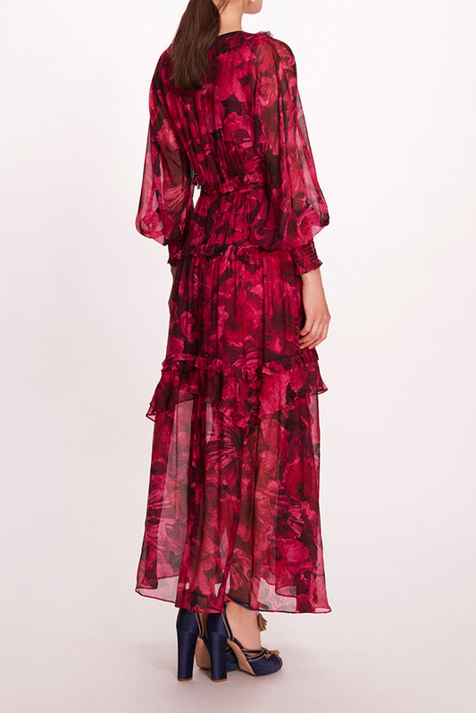 Vestido midi con mangas farol y volantes florales 