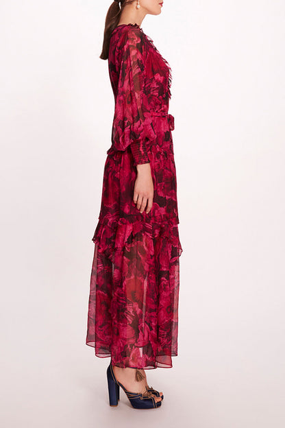 Vestido midi con mangas farol y volantes florales 