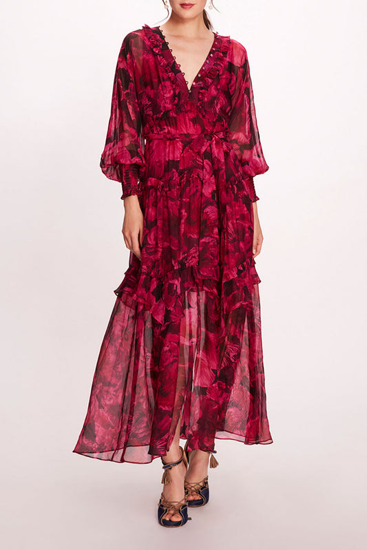 Vestido midi con mangas farol y volantes florales 