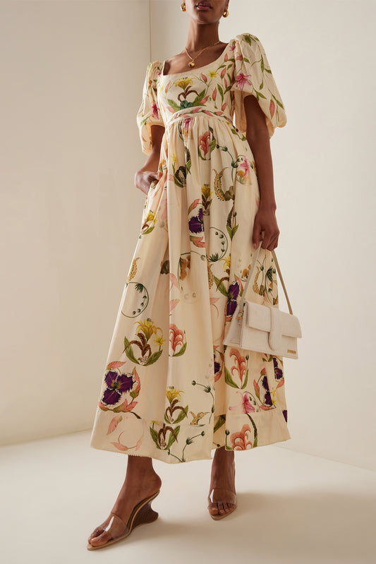 Vestido midi con cuello cuadrado y mangas abullonadas con bordado floral 