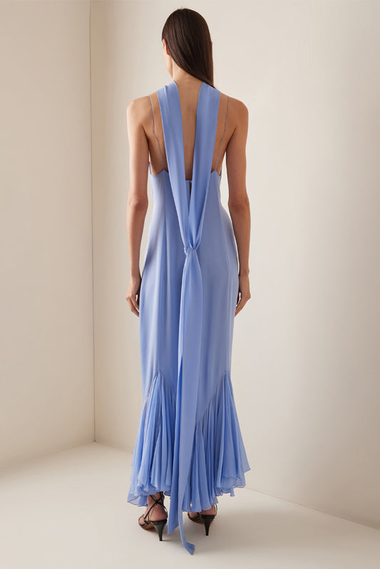 Vestido midi lencero con espalda descubierta y volantes 