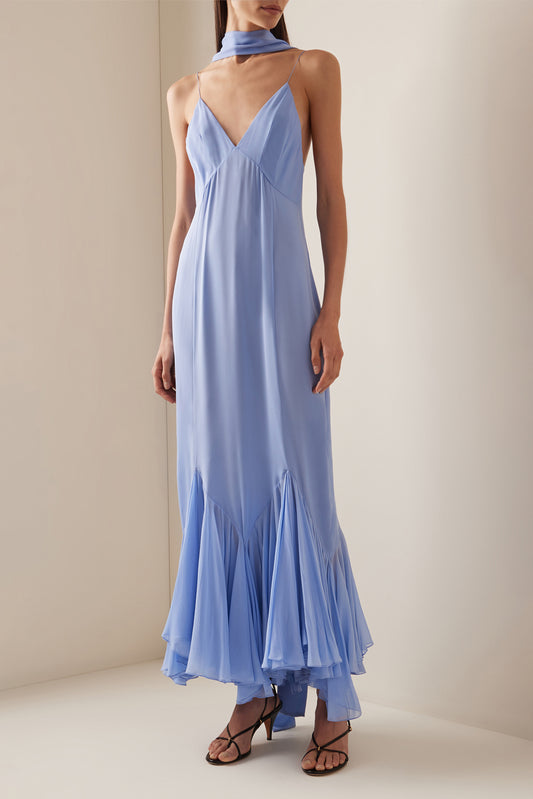 Vestido midi lencero con espalda descubierta y volantes 
