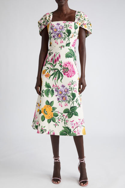 Vestido midi de manga corta drapeado con lazo floral 