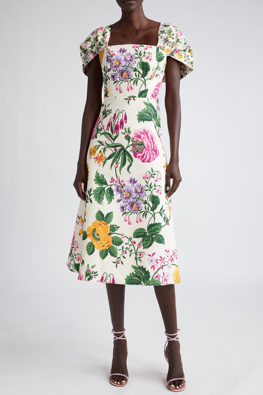 Vestido midi de manga corta drapeado con lazo floral 