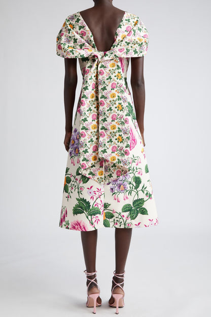 Vestido midi de manga corta drapeado con lazo floral 