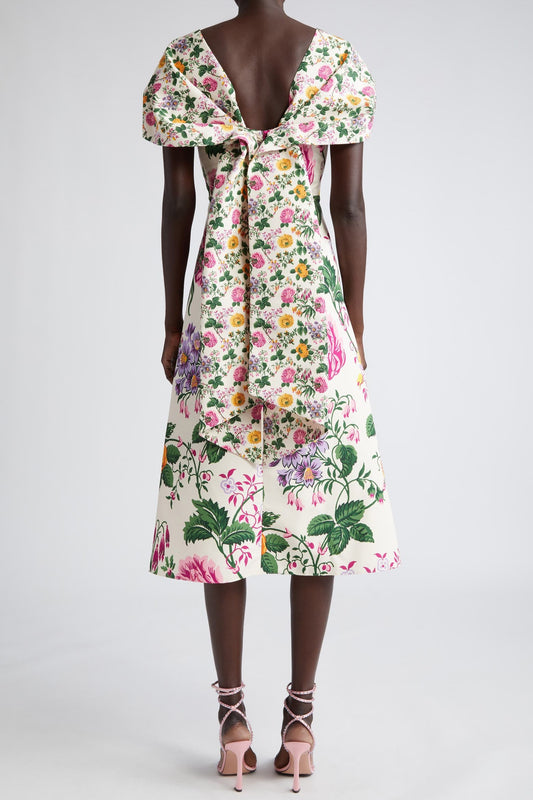 Vestido midi de manga corta drapeado con lazo floral 