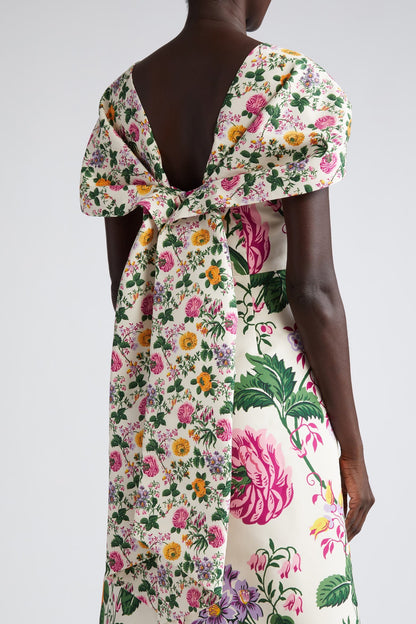 Vestido midi de manga corta drapeado con lazo floral 