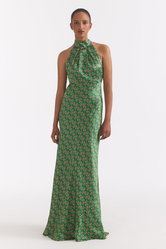 Vestido largo sin mangas con cuello halter y estampado de caña esmeralda 