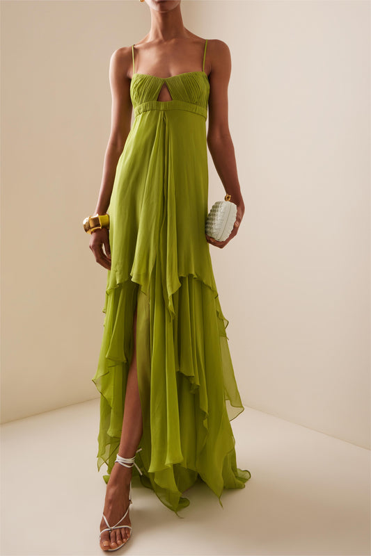 Vestido largo plisado liso con aberturas 