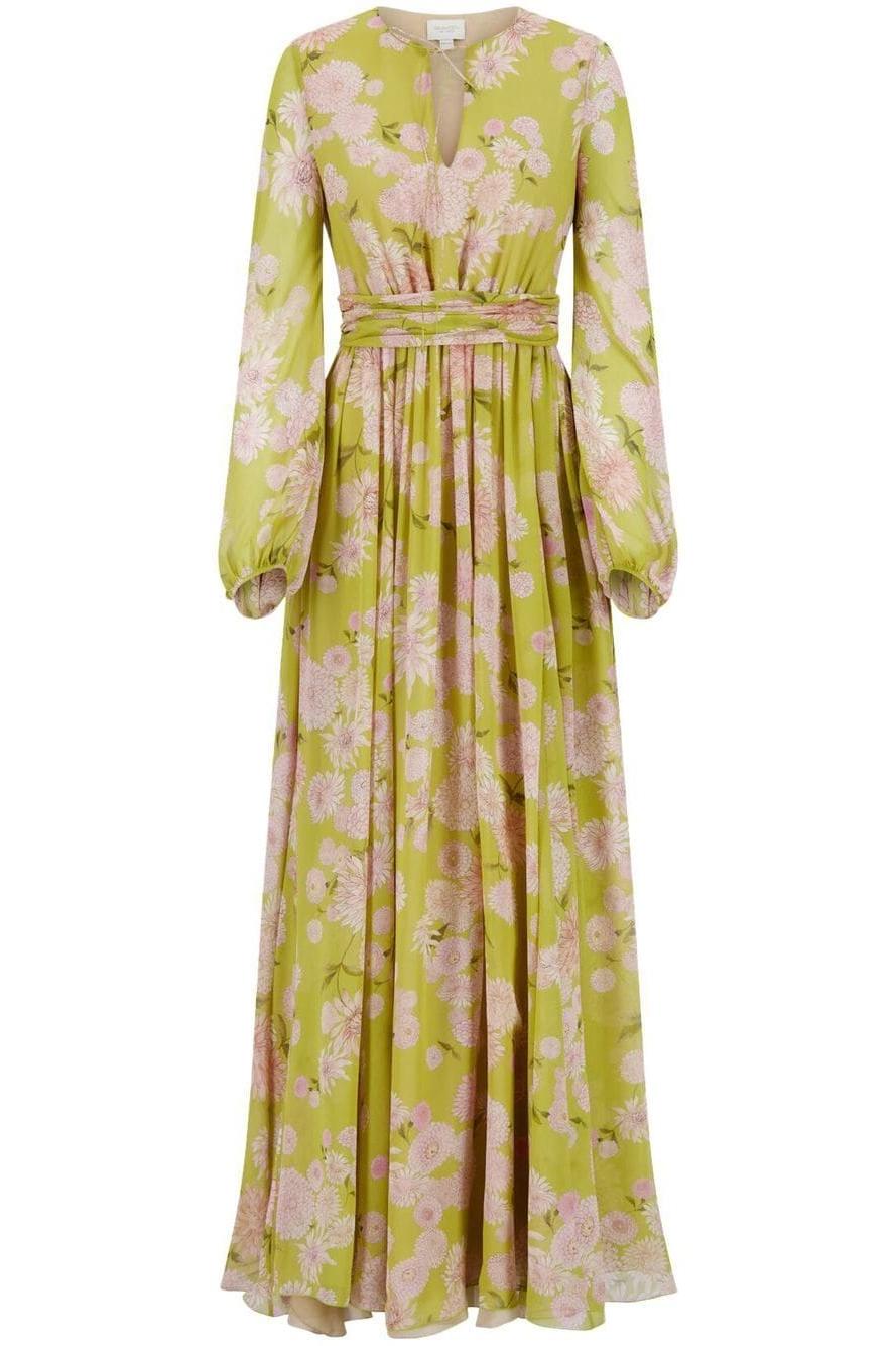 Vestido largo con mangas abullonadas y encaje floral 