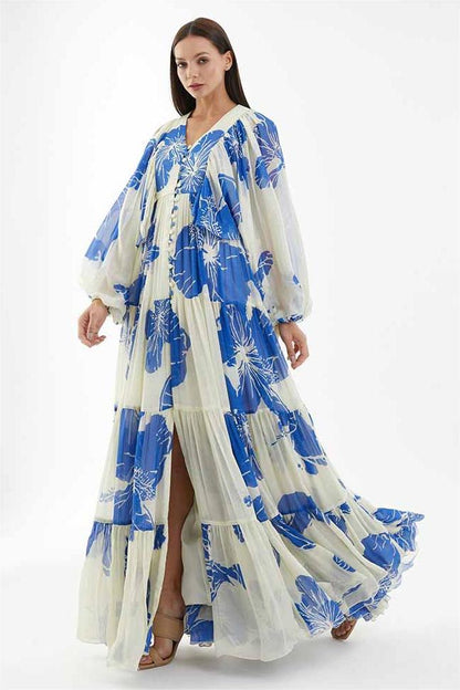 Vestido largo con cuello en V y manga larga con estampado floral 