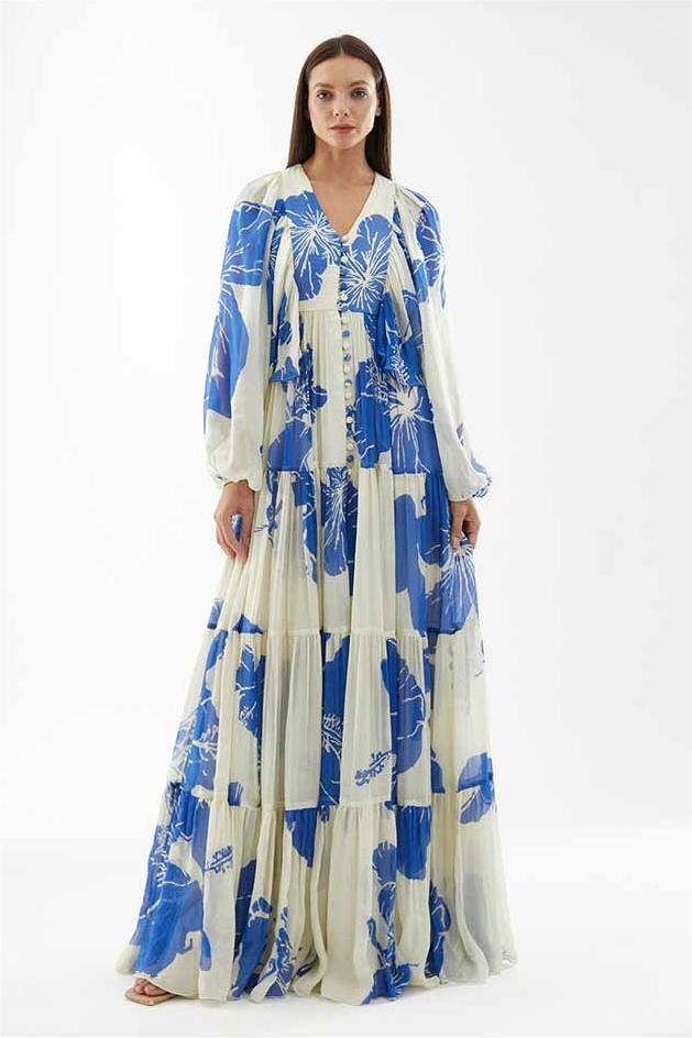 Vestido largo con cuello en V y manga larga con estampado floral 