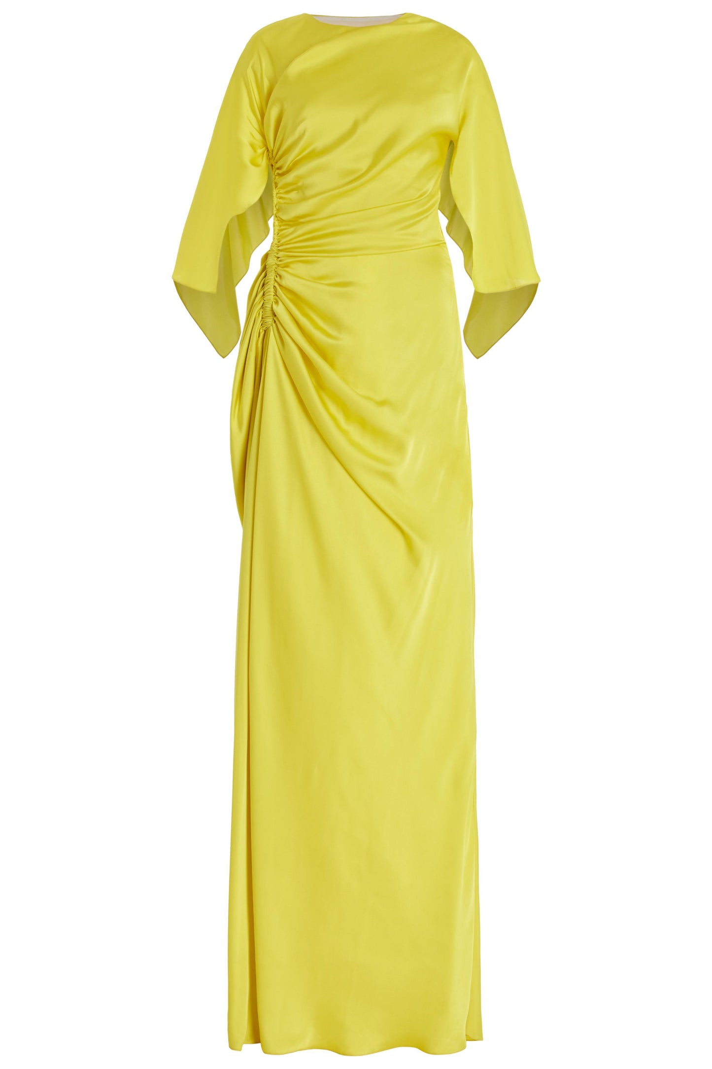 Vestido largo de satén con mangas tipo capa fruncidas y abertura 