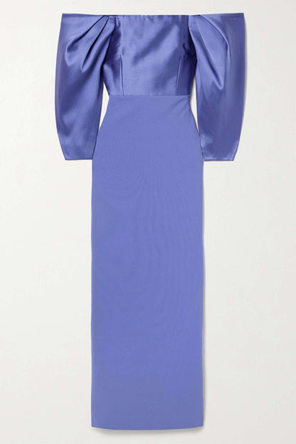 Vestido largo de satén liso con hombros descubiertos 