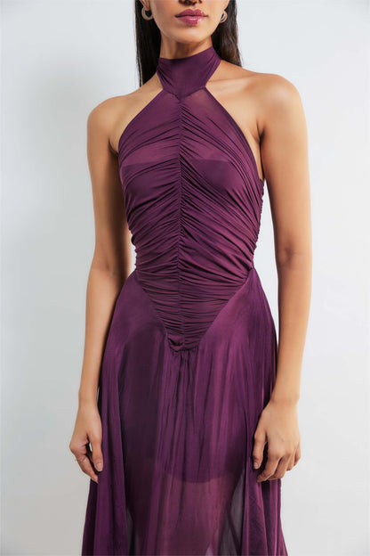 Vestido largo fruncido con cuello halter liso 