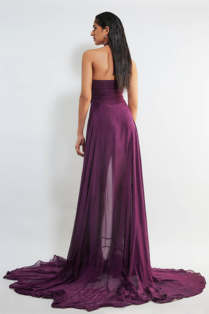 Vestido largo fruncido con cuello halter liso 