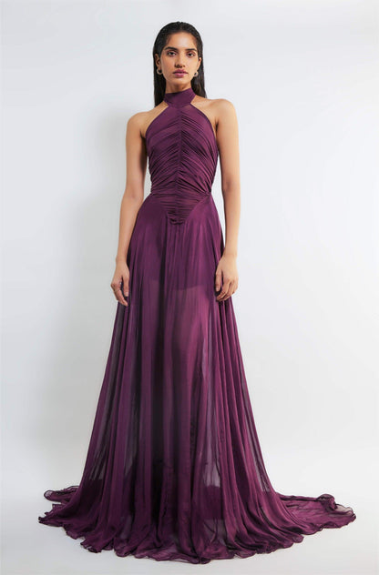 Vestido largo fruncido con cuello halter liso 