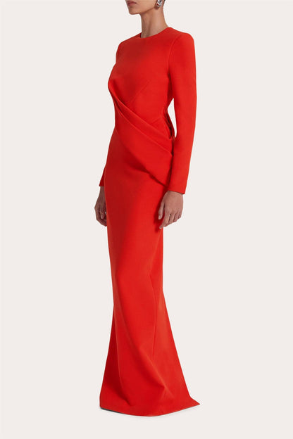 Vestido largo liso de manga larga con cuello redondo 