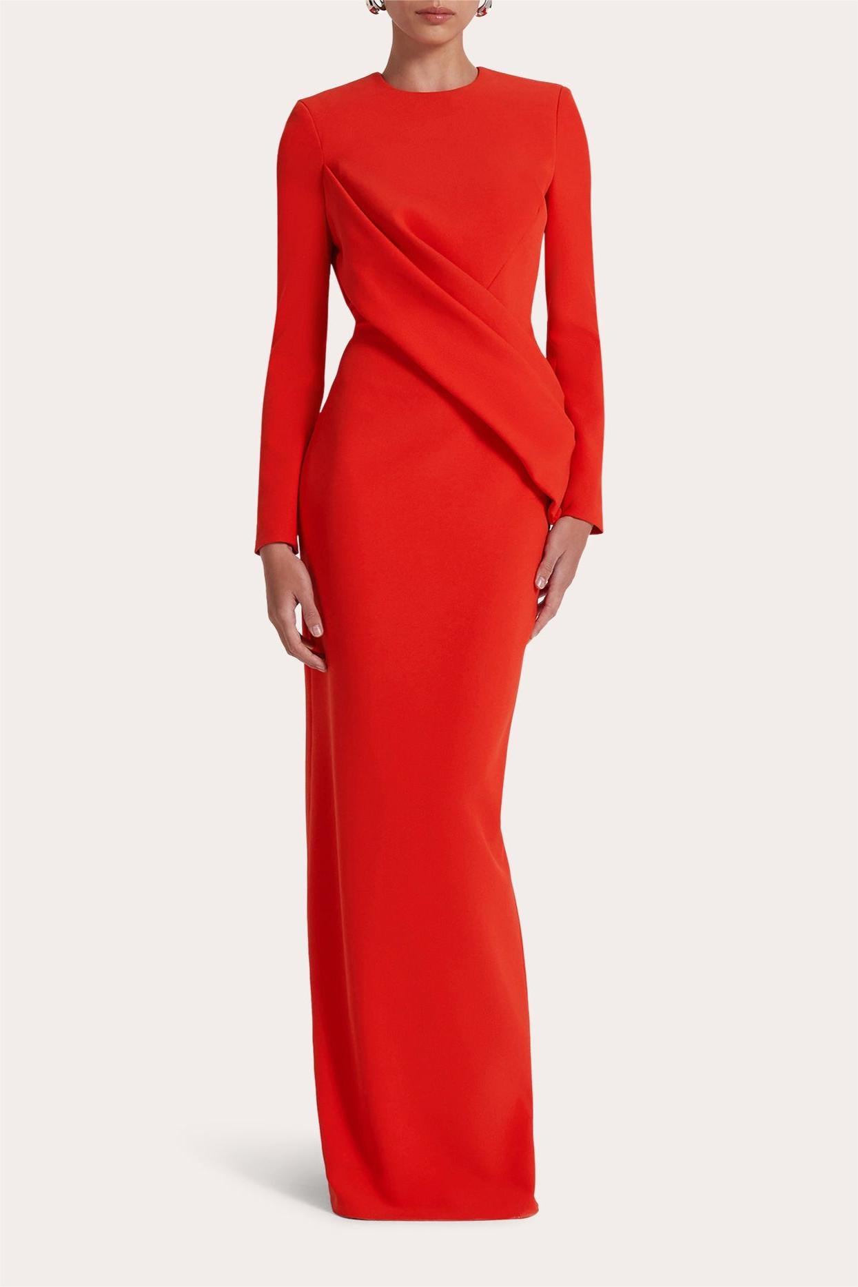 Vestido largo liso de manga larga con cuello redondo 