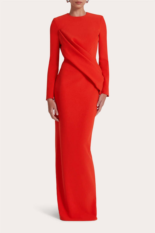 Vestido largo liso de manga larga con cuello redondo 