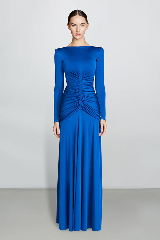 Vestido midi liso con cuello barco fruncido 