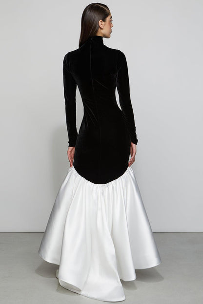 Vestido largo con empalme de terciopelo satinado 