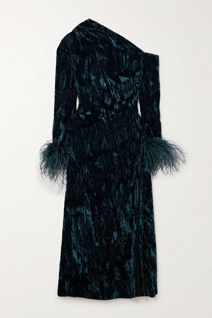 Feather One-Shoulder Long Sleeve Midi Dress